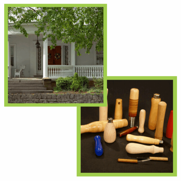 Architectural Wood Products and Tool Handles for Residential and Commercial Applications Architectural porch columns and balusters alongside wood-handled garden tools representing H.A. Stiles’ custom wood products for building and bulk manufacturing.