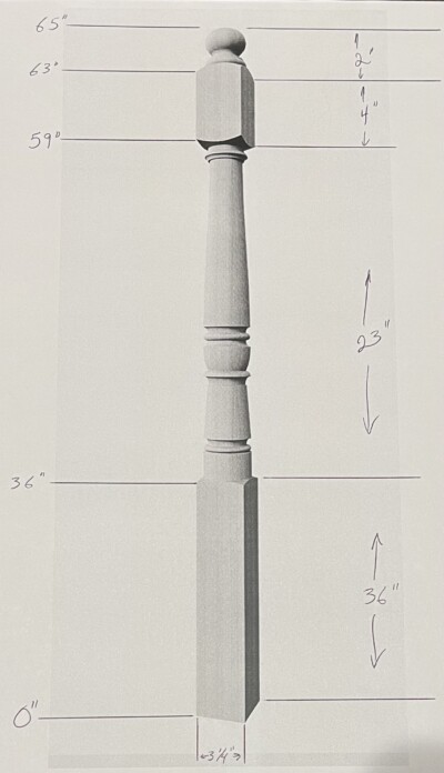 Custom Newel Post Turning Design Drawing with Dimensions Dimensioned turning design drawing for a custom wood newel post showing 65 inch overall length, 3-1/4 inch diameter, ball top, and square lower section