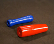 Two painted wooden jump rope handles with drilled ends and child-safe enamel finish.