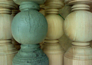 Custom reproduction of exterior wood balusters and columns for architectural restoration.