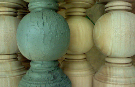 Custom reproduction of exterior wood balusters and columns for architectural restoration.