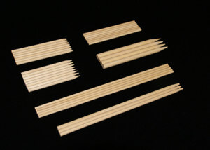 White birch wood skewers arranged in a bundle, produced in various lengths and diameters.