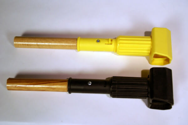 Custom Wood Handles with Plastic Ends for Mops and Utility Tools Two custom wooden handles with plastic end caps for utility tools and mops.