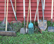 Wooden agricultural tool handles displayed in a row, designed for various farming and industrial applications.