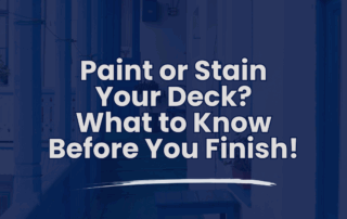 Painted wood deck with blue floorboards and white railing featured in a blog about painting vs staining your deck.