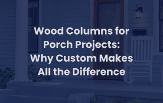 Custom wood porch columns supporting a covered entryway with white rocking chairs and a wood front door.