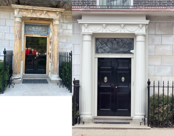 Before and after of a historic Chicago entryway showing rotted fluted wood columns replaced with custom-matched Sapele columns