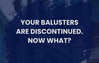 Curved staircase with turned wood balusters and the text "Your Balusters Are Discontinued. Now What?. A guide to matching replacement balusters for historic and older homes.