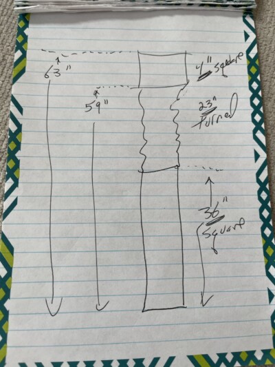 Customer Sketch for Custom Newel Post Design Handwritten customer sketch showing dimensions for a custom turned newel post including square base and turned upper section