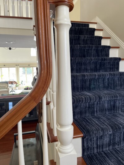 Reference Staircase Newel Post Design Existing interior staircase newel post used as the design reference for matching custom turned posts on a basement staircase renovation